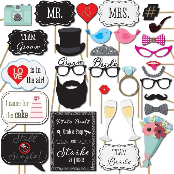 Wedding Photo Booth Props with 8 x 10-Inch Sign, 45 Adhesive Pads, 35 Wooden Sti - Picture 1 of 9